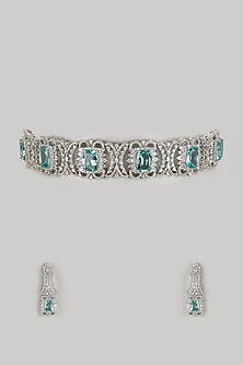 White Finish Aqua Stone & American Diamond Choker Necklace Set