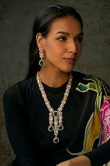 Gold Finish Kundan Polki & Emerald Stone Long Necklace Set
