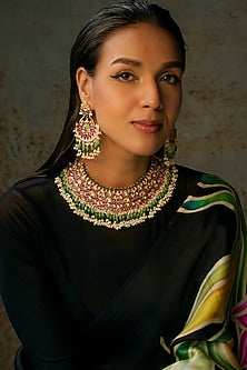Gold Finish Kundan Polki & Ruby Stone Handcrafted Choker Necklace Set