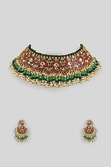 Gold Finish Kundan Polki & Ruby Stone Handcrafted Choker Necklace Set