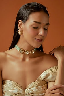 Gold Finish Kundan Polki & Light Green Beaded Choker Necklace Set