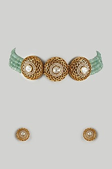 Gold Finish Kundan Polki & Light Green Beaded Choker Necklace Set