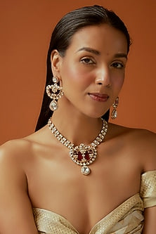Gold Finish Kundan Polki & Wine Stone Long Necklace Set