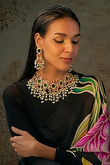 Gold Finish Kundan Polki & Jadau Stone Choker Necklace Set