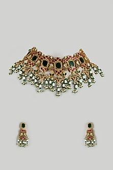 Gold Finish Kundan Polki & Jadau Stone Choker Necklace Set