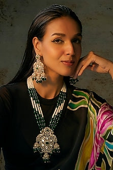 Gold Rhodium Finish Kundan Polki & Emerald Droplet Long Necklace Set