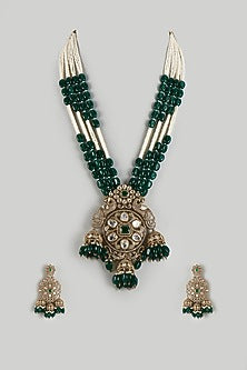 Gold Rhodium Finish Kundan Polki & Emerald Droplet Long Necklace Set
