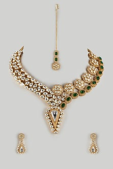 Gold Finish Emerald & Ruby Stone Choker Necklace Set