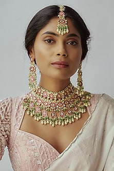 Gold Finish Emerald & Ruby Stone Choker Necklace Set