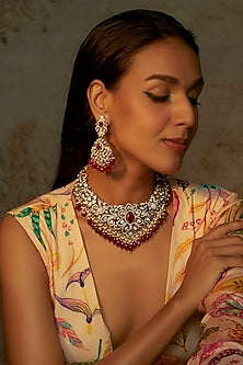 Black Rhodium Finish Kundan Polki & Maroon Stone Choker Necklace Set