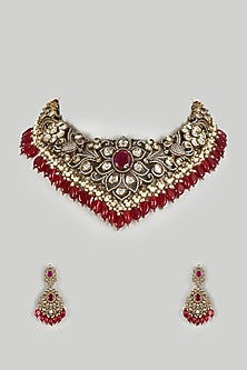 Black Rhodium Finish Kundan Polki & Maroon Stone Choker Necklace Set
