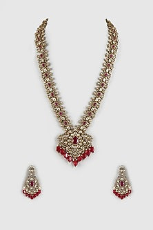 Black Rhodium Finish Kundan Polki & Maroon Stone Choker Necklace Set