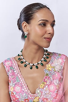 White Finish Zircon & Green Beaded Choker Necklace Set