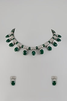 White Finish Zircon & Green Beaded Choker Necklace Set