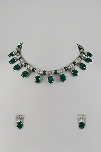 White Finish Zircon & Green Beaded Choker Necklace Set