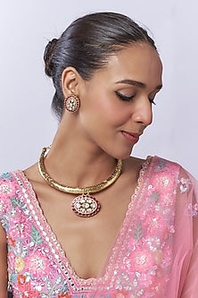 Gold Finish Uncut Zircon & Ruby Synthetic Stone Choker Necklace Set