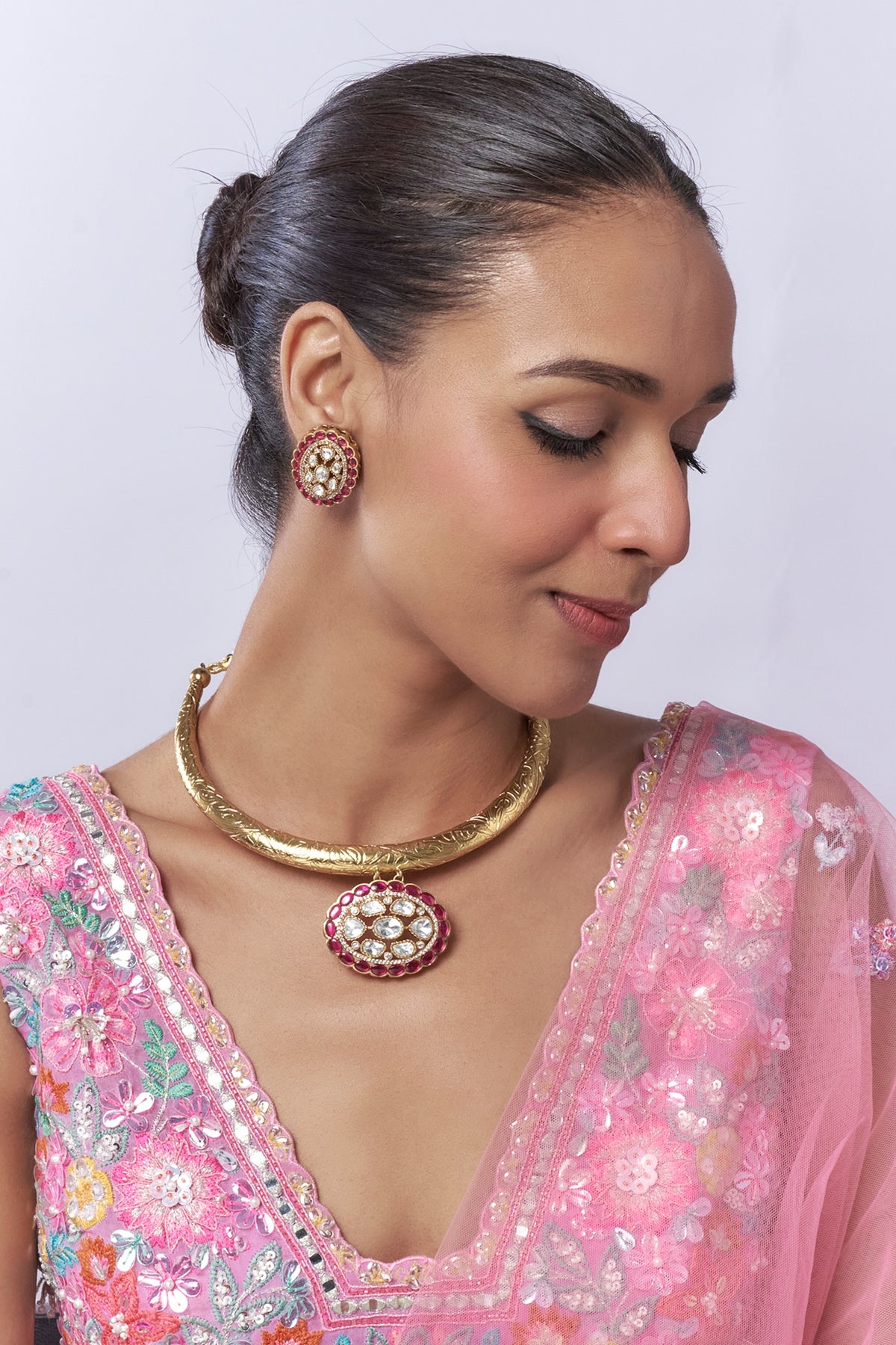 Gold Finish Uncut Zircon & Ruby Synthetic Stone Choker Necklace Set