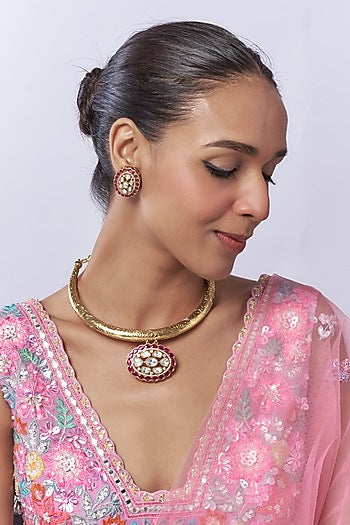 Gold Finish Uncut Zircon & Ruby Synthetic Stone Choker Necklace Set