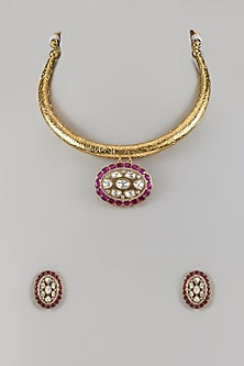 Gold Finish Uncut Zircon & Ruby Synthetic Stone Choker Necklace Set
