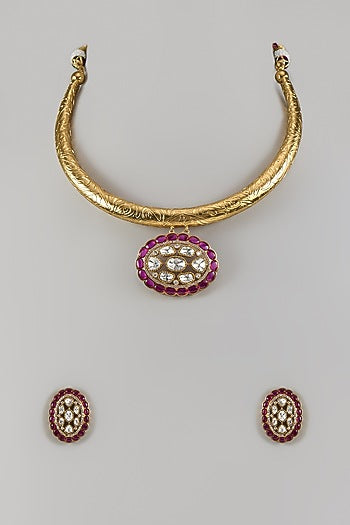 Gold Finish Uncut Zircon & Ruby Synthetic Stone Choker Necklace Set