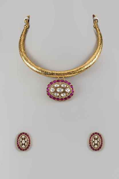 Gold Finish Uncut Zircon & Ruby Synthetic Stone Choker Necklace Set