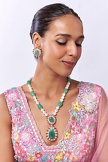 Gold Finish Uncut Zircon & Mint Green Synthetic Stone Long Necklace Set