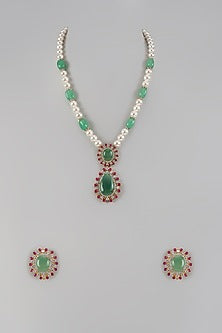 Gold Finish Uncut Zircon & Mint Green Synthetic Stone Long Necklace Set