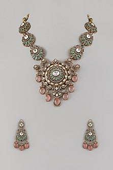 Antique Gold Finish Uncut Zircon & Emerald Stone Long Necklace Set