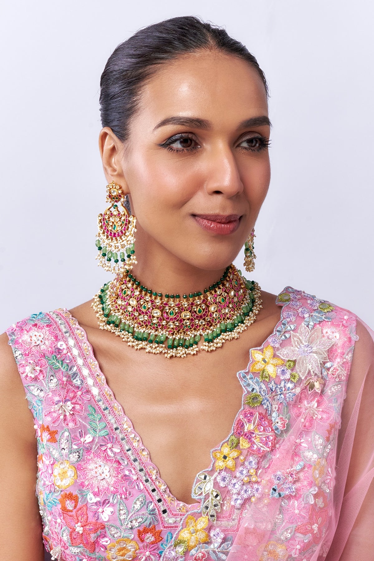Gold Finish Multi-Colored Kundan Polki & Moti Choker Necklace Set