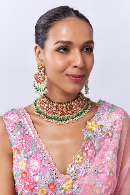 Gold Finish Multi-Colored Kundan Polki & Moti Choker Necklace Set