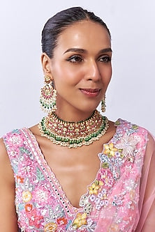 Gold Finish Multi-Colored Kundan Polki & Moti Choker Necklace Set