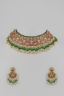 Gold Finish Multi-Colored Kundan Polki & Moti Choker Necklace Set