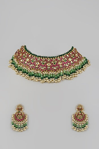 Gold Finish Multi-Colored Kundan Polki & Moti Choker Necklace Set