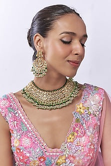 Gold Finish Multi-Colored Moti & White Kundan Polki Choker Necklace Set