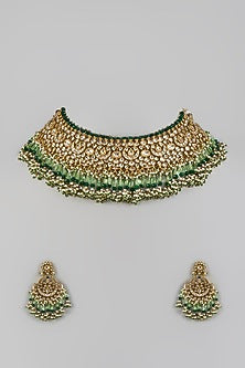 Gold Finish Multi-Colored Moti & White Kundan Polki Choker Necklace Set