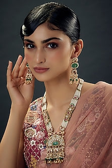 Gold Finish Uncut Zircon & Synthetic Green Stone Jadtar Pendant Necklace Set