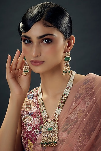 Gold Finish Uncut Zircon & Synthetic Green Stone Jadtar Pendant Necklace Set