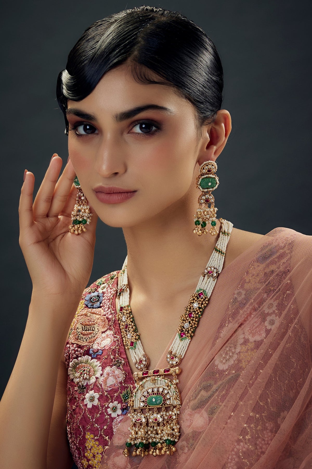 Gold Finish Uncut Zircon & Synthetic Green Stone Jadtar Pendant Necklace Set