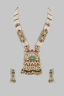 Gold Finish Uncut Zircon & Synthetic Green Stone Jadtar Pendant Necklace Set