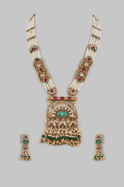 Gold Finish Uncut Zircon & Synthetic Green Stone Jadtar Pendant Necklace Set
