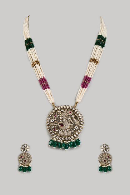 Victorian Finish Uncut Zircon & Emerald Green Beaded Pendant Necklace Set