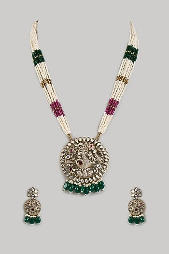 Victorian Finish Uncut Zircon & Emerald Green Beaded Pendant Necklace Set