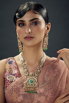 Gold Finish Uncut Zircon & Emerald Beaded Jadtar Long Necklace Set