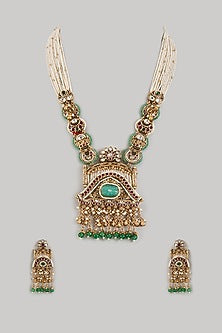 Gold Finish Uncut Zircon & Emerald Beaded Jadtar Long Necklace Set