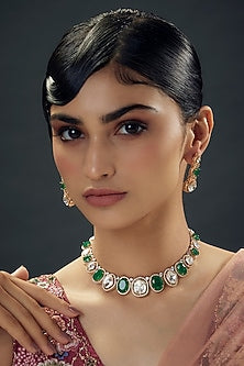 Gold Finish Uncut Zircon & Synthetic Green Beaded Choker Necklace Set