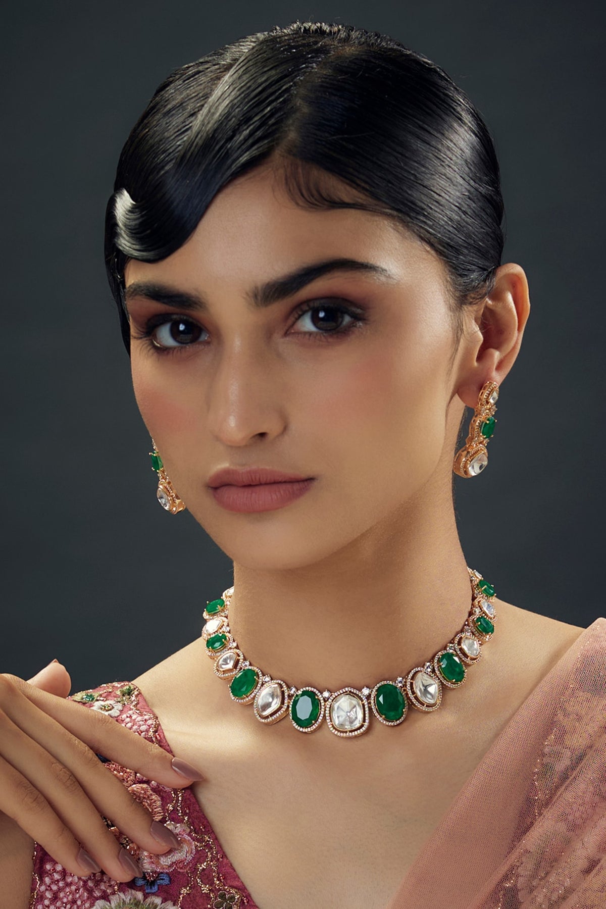 Gold Finish Uncut Zircon & Synthetic Green Beaded Choker Necklace Set