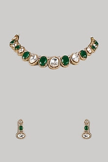 Gold Finish Uncut Zircon & Synthetic Green Beaded Choker Necklace Set