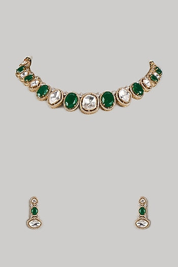 Gold Finish Uncut Zircon & Synthetic Green Beaded Choker Necklace Set