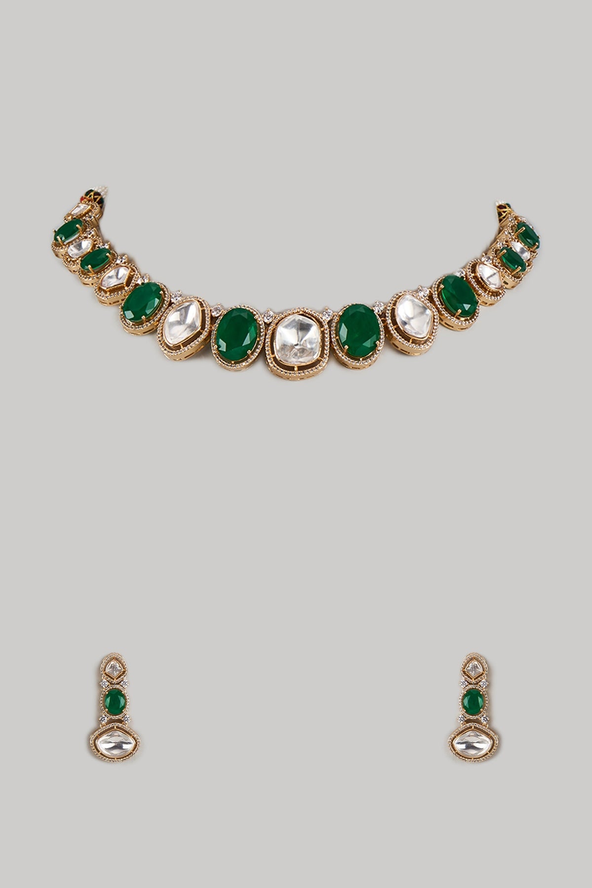 Gold Finish Uncut Zircon & Synthetic Green Beaded Choker Necklace Set