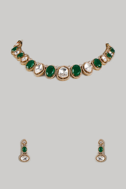 Gold Finish Uncut Zircon & Synthetic Green Beaded Choker Necklace Set